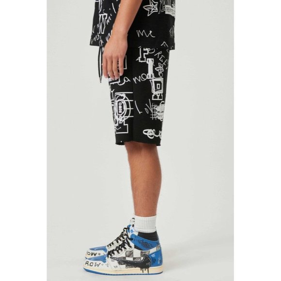 ALLOVER HAND DOODLING PUFF PRINT SHORTS JEANS CASUAL HOLES PANTS SHORT SUMER - Picture 3 of 5